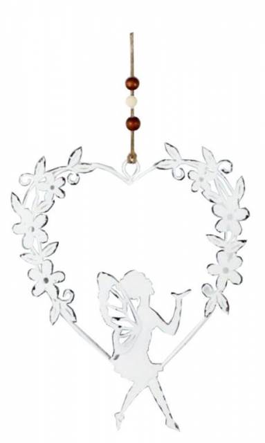 E-shop Kinekus Ozdoba závesná srdce s vílou 16,5x21 cm kov biela