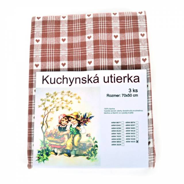 E-shop Kinekus Utierka kuchynská bavlnená tkaná SRDCE hnedá 3ks, 50x70cm, 270 g/m2