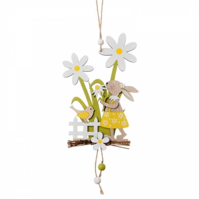 E-shop Kinekus Ozdoba závesná zajac s kvetmi 13x15x1 cm drevo
