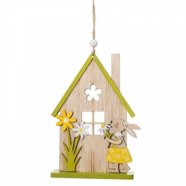 E-shop Kinekus Ozdoba závesná zajac s domčekom 12x3x18 cm drevo