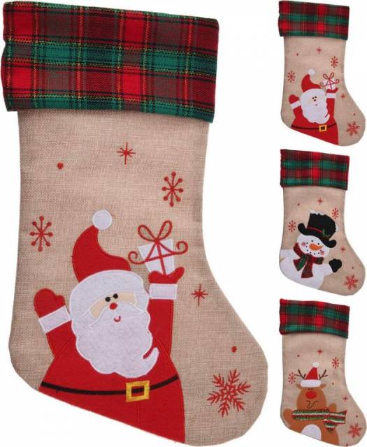 E-shop Kinekus Ozdoba vianočná ponožka, juta, 42 cm, s dekórom, dekorácia