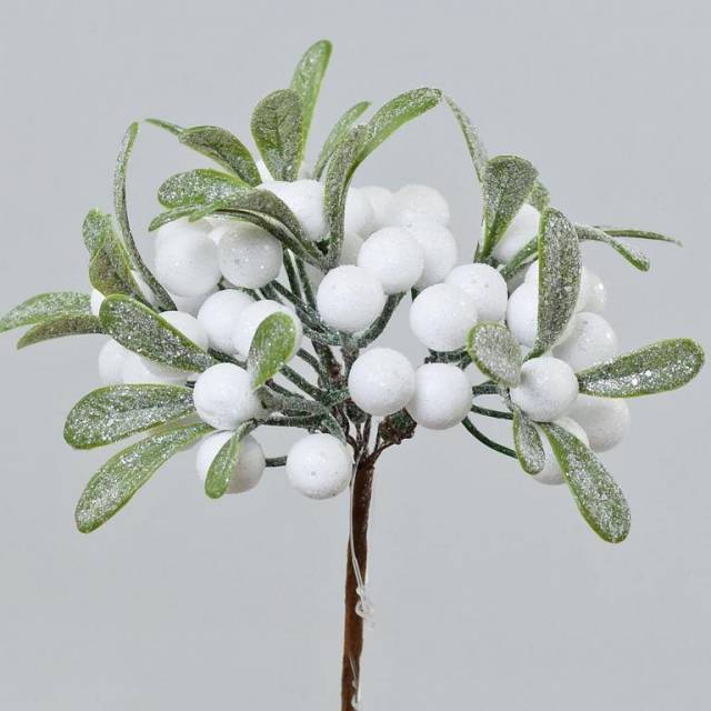 Ozdoba zapichovacia vianočná vetvička, biele plody 14cm