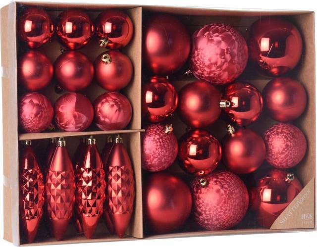 Kinekus Červená vianočná guľa + cencúľ / šiška, plastová, mix sada 31 ks