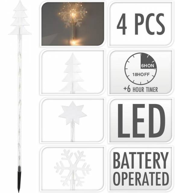 Kinekus Svetlo vianočné zapichovacie 36 LED teplé biele, 75 cm, 4 ks, s časovačom, baterky, vonkajšie, mix