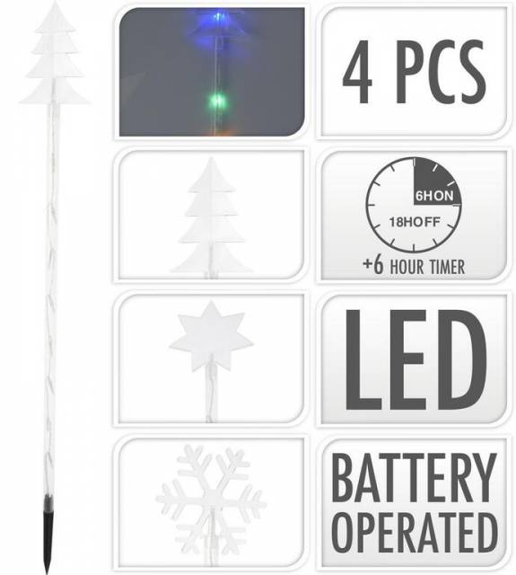 Kinekus Svetlo vianočné zapichovacie 36 LED farebné, 75 cm, 4 ks, s časovačom, baterky, vonkajšie, mix