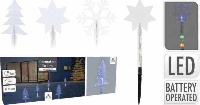 E-shop Kinekus Svetlo vianočné zapichovacie 15 LED farebné, 37,5 cm, 5 ks, baterky, vonkajšie, mix