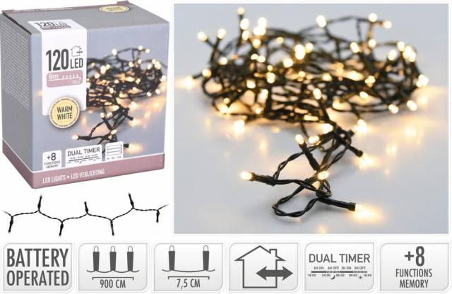 Kinekus Svetlo vianočné 120 LED teplé biele, s dvojitým časovačom a funkciami, vonkajšie/vnútorné