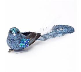 Ozdoba s klipom vtáčik 9 cm modrý gliter