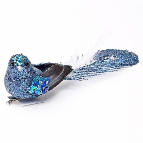 Ozdoba s klipom vtáčik 9 cm modrý gliter