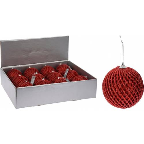 Červená vianočná guľa, pletený dizajn, 10 cm
