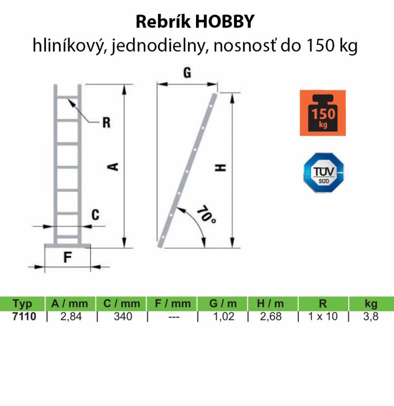 Rebrík hliníkový HOBBY 1x10, jednodielny, univerzálny