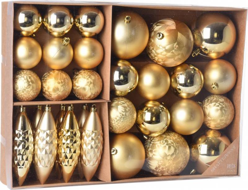 Zlatá vianočná guľa + cencúle / šišky,  plastové, sada 31 ks