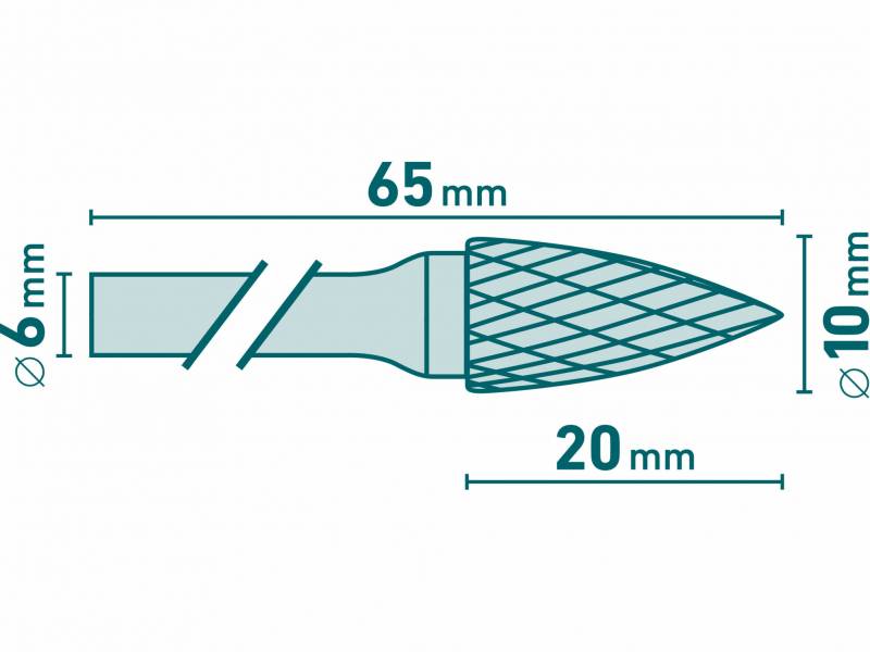 Fréza karbidová kovexná špicatá, pr.10mm,rez.dĺžka 20mm, stopka 6mm