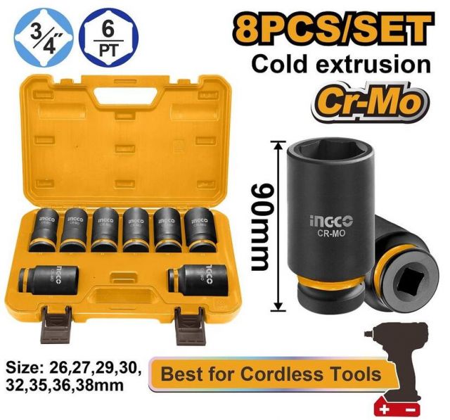 INGCO Gola sada pre rázové uťahováky, 3/4", 8-dielna sada, INGCO Industrial