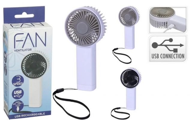 Kinekus Ventilátor ručný nabíjateľný USB, 3 rýchlosti, 14,2cm mix farieb