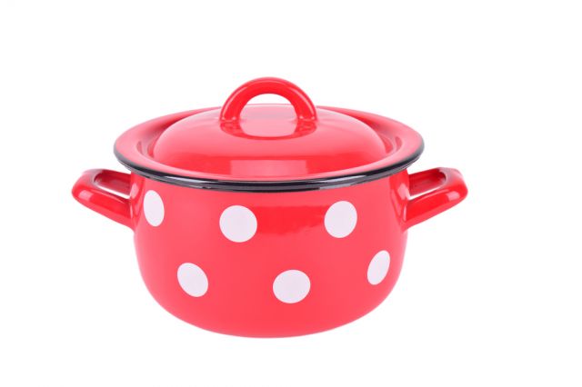 Kinekus Hrniec 16cm, 1,7L s pokrievkou, smalt červený, dekor BODKY