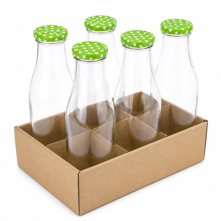 Fľaša na mlieko TO48, sklenená, 1L, bodky viečko