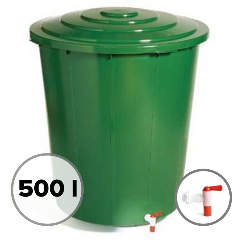 Plastový sud na vodu, objem 500L, s ventilom a vekom, zelený