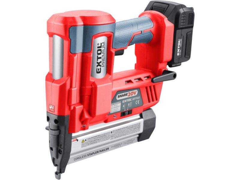 EXTOL PREMIUM Akumulátorová klincovačka / sponkovačka Share 20V, 1x 2Ah Li-ion, 2,4 A nabíjačka, klince 40 mm, spony 50 mm