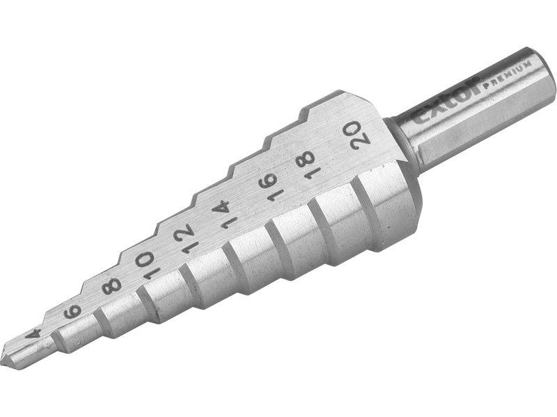 Vrták stupňovitý 4-20mm, stupňovanie 2mm, 9 otvorov, stopka pr.8mm, dĺžka 75mm, HSS, DIN 1412C