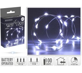Svetlo vianočné 100 LED studené biele, s časovačom, baterky, vnútorné