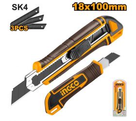 INGCO zalamovací nôž, 18 mm s tlačidlom (auto-lock), ergonomická rukoväť, 3x čepeľ SK4
