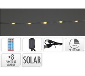 Svetlo 240 LED, 12m, reťaz, teplé biele solárne s časovačom, s funkciami