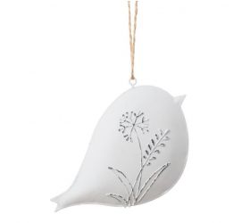 Ozdoba závesná, vtáčik, 14cm, plech, biela