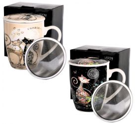 Hrnček porcelán 360ml MAČKY s kovovým sitkom a vrchnákom