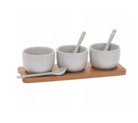 Miska servírovacia porcelánová na drevenom podnose 3ks+ 3ks lyžičiek