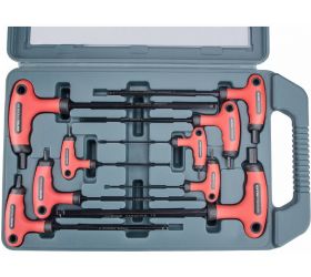 Kľúče imbusové s guľôčkou predĺžené Cr-V, 9-dielna sada, 2-10mm, T-rukoväť, plastový kufor