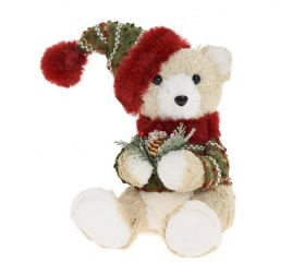 Postavička medveď v svetri s čiapkou 27 cm textil 