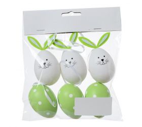 Ozdoba závesná veľkonočné vajíčka / zajac, zelené + biele, 6 cm, plastové, sada 6 ks