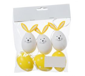 Ozdoba závesná veľkonočné vajíčka / zajac, žlté + biele, 6 cm, plastové, sada 6 ks