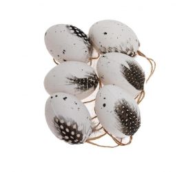 Ozdoba závesná veľkonočné vajíčka s perím, fŕkané, 6cm, sada 6 ks, plastové