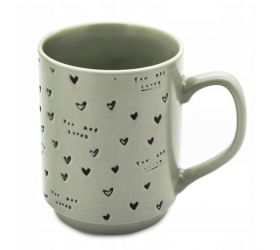 Hrnček porcelánový 340ml, zelený, dekor srdiečka