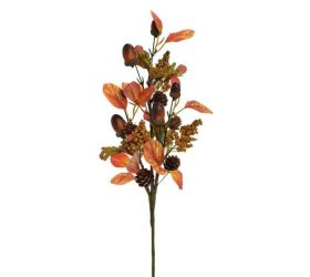 Ozdoba zapichovacia konár žaluď, lístie, zeleno-oranžová, 46cm