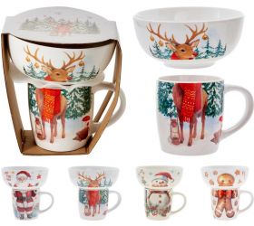 Hrnček a miska vianočný dizajn porcelán sada 2 ks mix