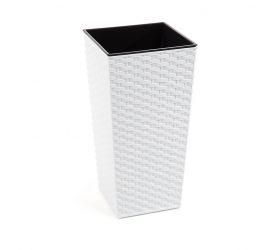 Kvetináč vysoký, plastový, dĺžka strany 25cm, FINEZJA, imitácia ratanu, biely