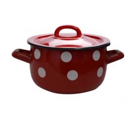 Hrniec smaltovaný s pokrievkou, priemer 18cm, objem 2,6L, červený, dekor BODKY