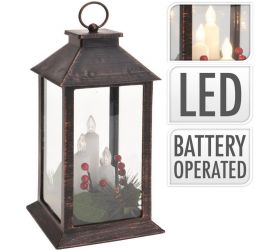 Lampáš svietnik s LED sviečkami, 14x14x29cm, plast/sklo, medený