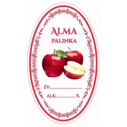 Samolepka na fľašu ALMA PÁLINKA/JABLKOVICA domáca červ. ovál 16ks etikiet HU