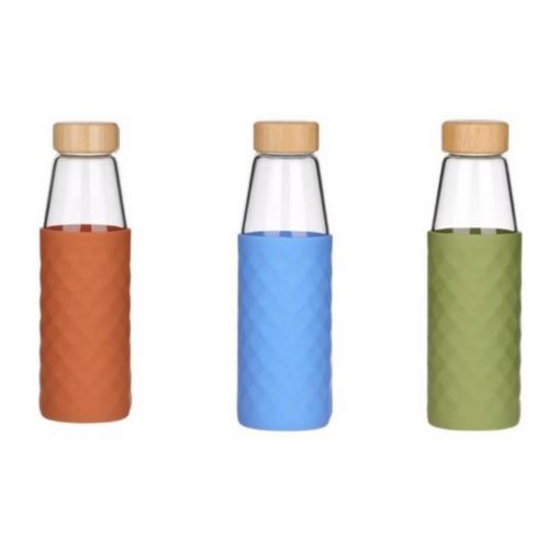 Fľaša športová sklo 500ml CARO, s bambusovým uzáverom v silikónovom obale MIX