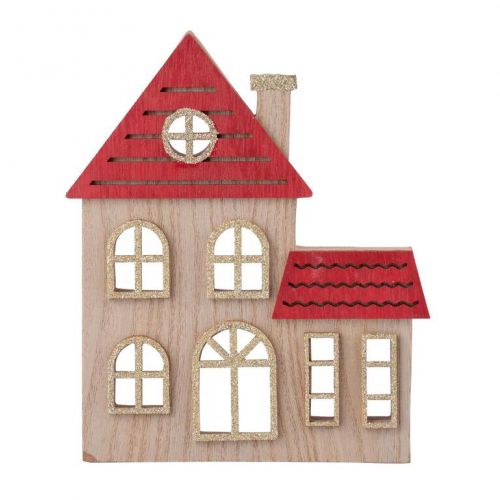 Dekorácia domček 15,5x2x18cm, drevo, prírodno-červený 