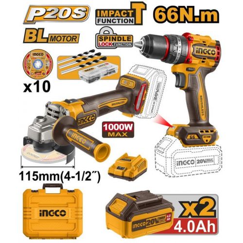 Vŕtačka bezkartáčová CIDLI206681 a Uhlová brúska CAGLI21154 INGCO AKU 20V KIT P20S