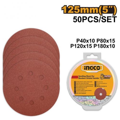 Papier brúsny okrúhly 125mm, k orbitálnej brúske, sada 50dielna, INGCO KLC