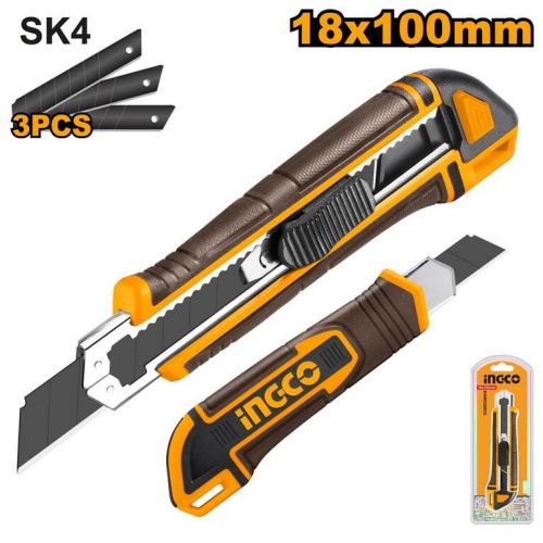 INGCO zalamovací nôž, 18 mm s tlačidlom (auto-lock), ergonomická rukoväť, 3x čepeľ SK4