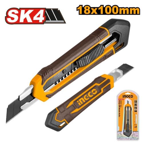 Nôž lámací, 18mm s tlačítkom, ergonomické telo, INGCO, 1x čepeľ