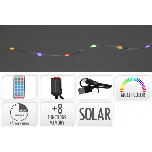 Svetlo 240 LED reťaz, 12m, farebné solárne s časovačom, s funkciami