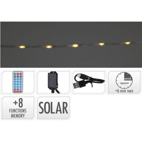 Svetlo 240 LED, 12m, reťaz, teplé biele solárne s časovačom, s funkciami